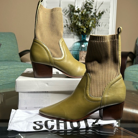 New Schutz Leather Sweater Knit Mid Boots - Camille Knit color green size 8 - Picture 1 of 14
